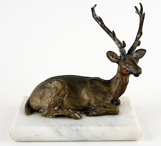 BRONZE FIGURE OF RECLINING STAG ON MARBLE BASE