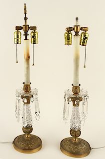 PAIR CUT CRYSTAL BRASS TWO LIGHT TABLE LAMPS