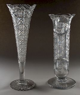 TWO TALL CUT CRYSTAL VASES OF SUBSTANTIAL WEIGHT