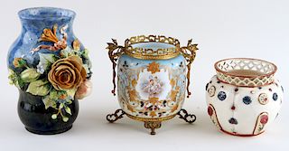 3 19TH C. VASES GLASS & CERAMIC ONE BEING FAIENCE
