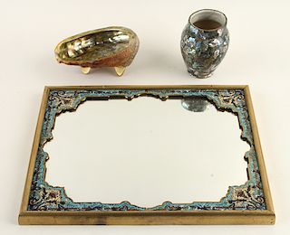 ENAMELED MIRROR & TWO MEXICAN ABALONE ARTICLES
