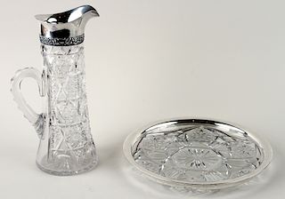 AMERICAN CRYSTAL SILVER MOUNTED EWER AND TRAY