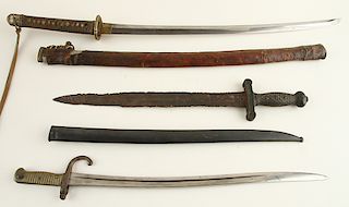THREE ANTIQUE BLADED WEAPONS SWORDS AND BAYONET