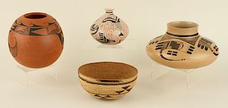 THREE NATIVE AMERICAN CERAMIC VESSELS WITH BASKET