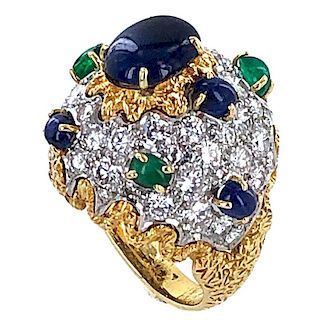 1960s French Diamond Sapphire Emerald Ring