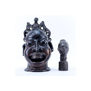 Group of Two (2): African Bronze Sculpture and a Stoneware Sculpture, Each 20th C. Heads of Benin. 