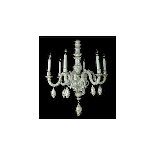 Early 20th Century Continental Gilt Porcelain Six Light Chandelier with Matching Canopy. Unsigned. 