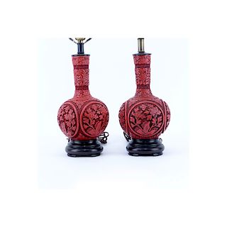 Pair of Chinese Cinnabar Style Vases Mounted as Lamps. Good condition. Overall measures 21-1/2" H, 