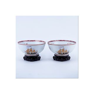 Pair 19/20th Century Chinese Export Hand Painted Porcelain Bowls On Stands. Depicting Western saili