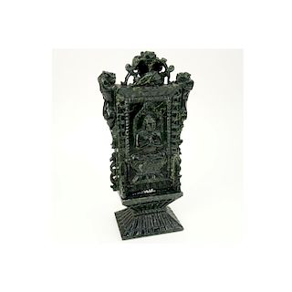 Early 20th Century Chinese Carved Dark Green Jade Ceremonial Plaque. Seated Buddha motif on front a