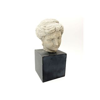 Modern Faux Stone "Greek Bust" on Wood Stand. Unsigned. Wear, rubbing. Measures 17" H including bas