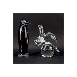 Collection of Two (2) Art Glass Tableware. Includes: Alicja penguin figurine and Murano seal with b