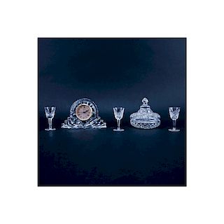 Collection of Five (5) Waterford Crystal Tableware. Includes: clock, covered dish, and three cordia