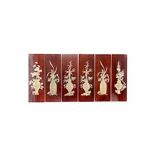 Set of Six (6) Vintage Asian Decorative Wood Panels With Inset Brass Flowers in urns motifs. Unmark