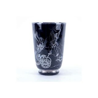 Vintage Décor Main Silver Overlay Amethyst Glass Vase. Features Asian Motif. Signed Décor Main Pari