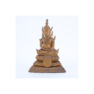 Mid-Century Bronze Buddha. Unsigned. Wear, headdress bent, small loss. Measures 9" H.(estimate $50-