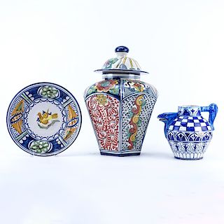 Grouping of Three (3): Large Mexican Faience Pottery Covered Jar, Faience Pottery Cabinet Plate, an