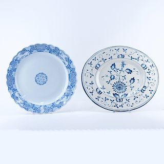 Grouping of Two (2): Large Italian Faience Blue and White Pottery Platters, Large Japanese Blue and