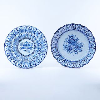 Two (2) Large Faience Pottery Chargers. Each signed to base. One has been restored, chips to rim on