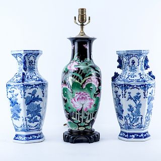 Grouping of Three (3): Pair of Chinese Blue and White Porcelain Vases, Chinese Porcelain Lamp. All 