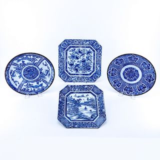 Four (4) Chinese Blue & White Pottery Chargers. Unsigned. Good condition. Largest measures 12" x 12