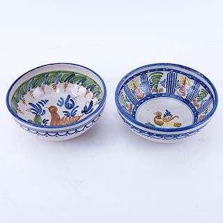 Two (2) Decorative Spanish Style Bird Motif Pottery Bowls. Unsigned. One with small flake or in goo