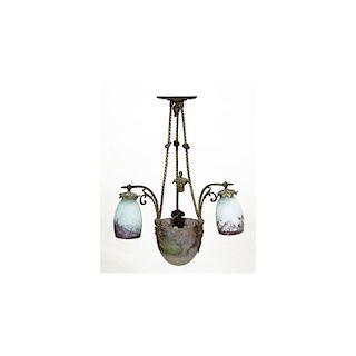 Early 20th Century French Muller-Strasbourg Art Glass and Cast Iron Chandelier.  Glass Signed Mulle