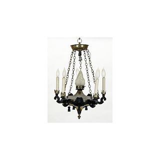 Early 20th Century Neo-Classical Style Six (6) Light Gilt Metal and Patinated Metal Chandelier. Uns