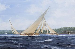 John J. Holmes, (British, 20th/21st century), Yachts Candida and Astra, Tacking for the Finishing Line, Off the Royal Yacht Squa