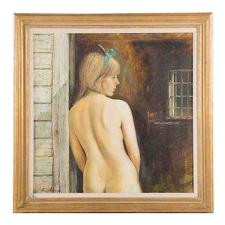 Adolf Sehring. “Nude Leaning on a Doorframe,” Oil