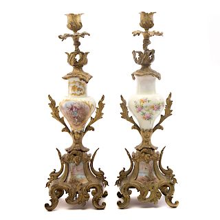Pair Sevres-Style Porcelain Candlesticks