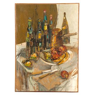 Fischer. Fruit and Bottles, Oil on Board