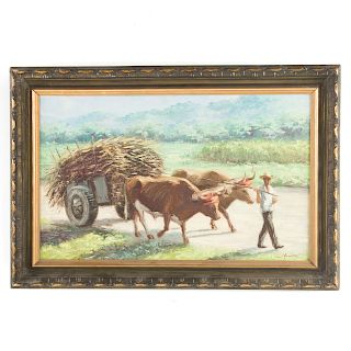 Jose Azaustre. Farmer with Ox, Oil on Canvas