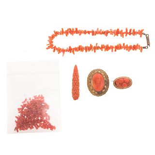 A Collection of Vintage Carved Coral Pink & Beads