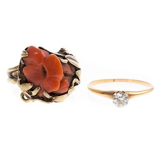 A Vintage Coral Ring & Diamond Solitaire in 14K