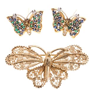 A Ladies Butterfly Earrings & Pin Set in 14K