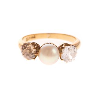 A Pearl & Old Mine Cut Diamond Ring in 18K