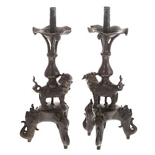 Pair Chinese Buddhist Bronze Joss Stick Holders