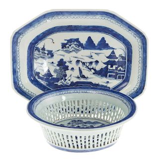 Chinese Export Canton Chestnut Basket & Platter