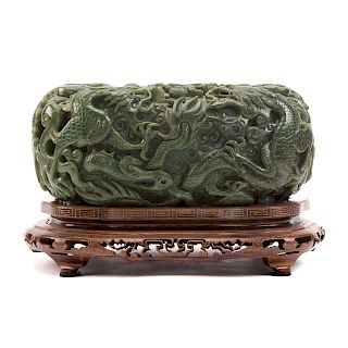 Large Chinese Carved Spinach Jade Alms Bowl