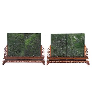Pair Carved Spinach Jade Table Screens