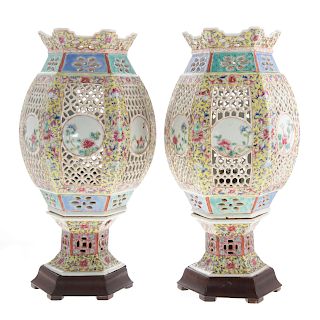 Pair Chinese Export Famille Rose Wedding Lamps