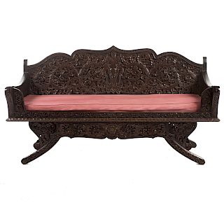 Chinese Export Carved Hardwood Bench