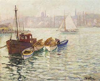 Richard Haley Lever, (American, 1876-1958), Boats in Harbor