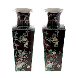 Pair Chinese Famille Noire Panel Vases