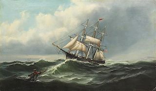 W.M. Jorgensen, (American, 19th century), Three Masted Sailing Ship, 1875