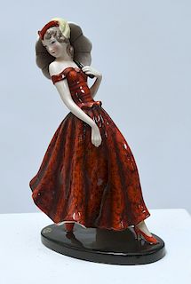 Goldscheider Art Deco figure of woman in patterned red dress