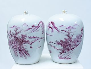 Pair 19th C. Chinese aubergine decorated jars with covers