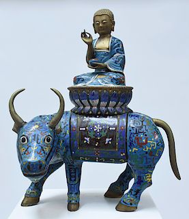 Large Chinese cloisonné seated Buddha on a bull