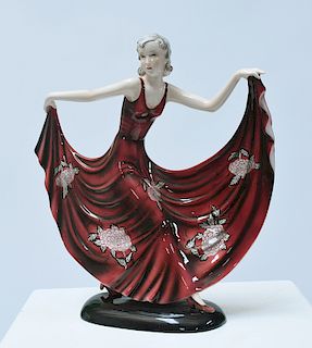Goldscheider Art Deco figure of dancing woman in outstretched red dress